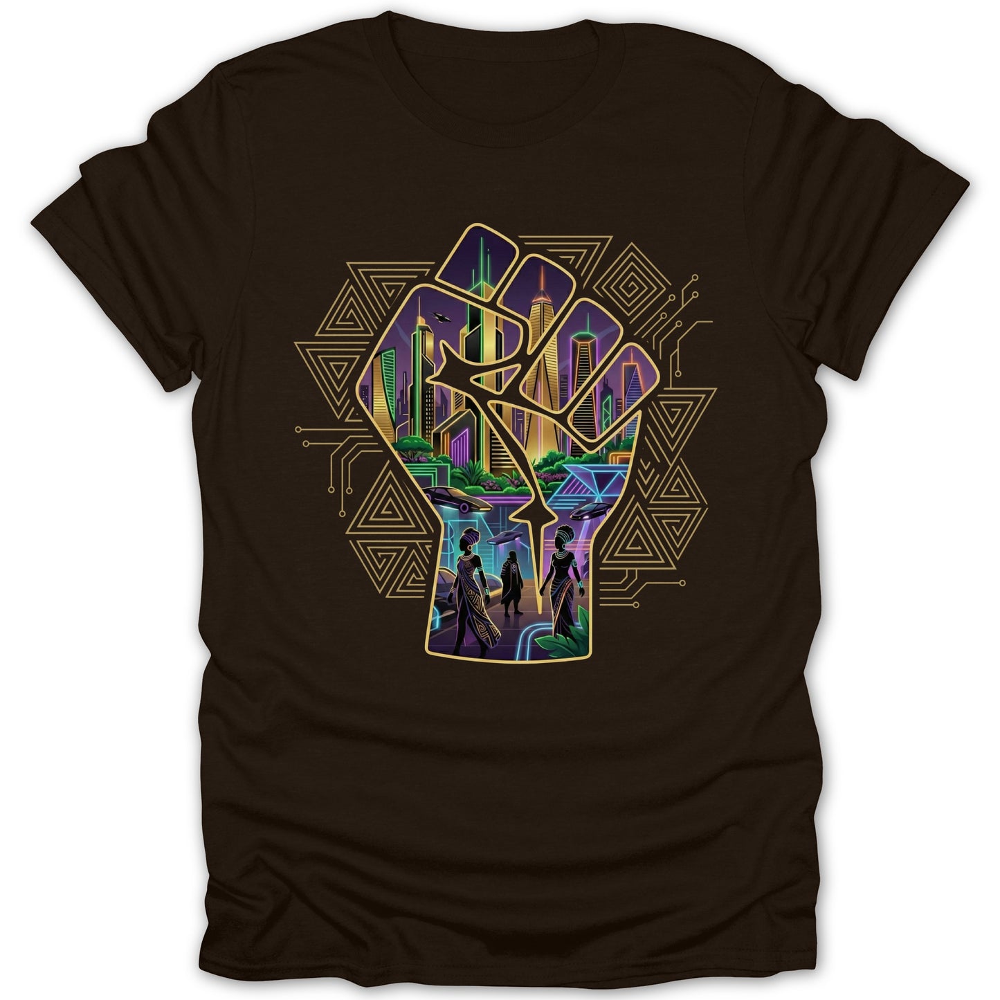 Futuristic City and Fist Geometric Design T-shirt