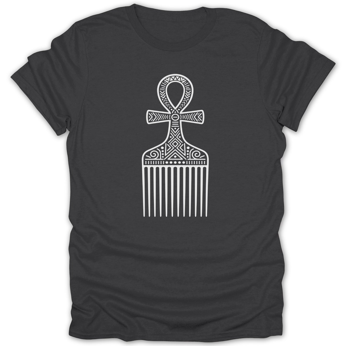 Dark grey t-shirt with a white graphic of an ankh comb.