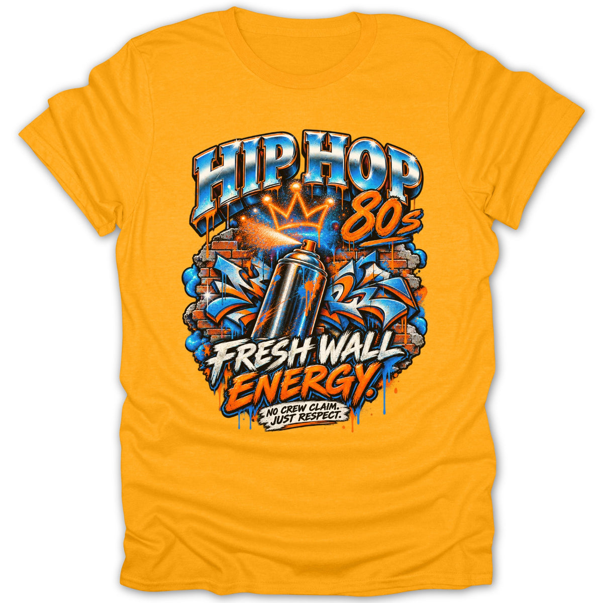 Orange t-shirt with "Hip Hop 80s Fresh Wall Energy" graffiti design.