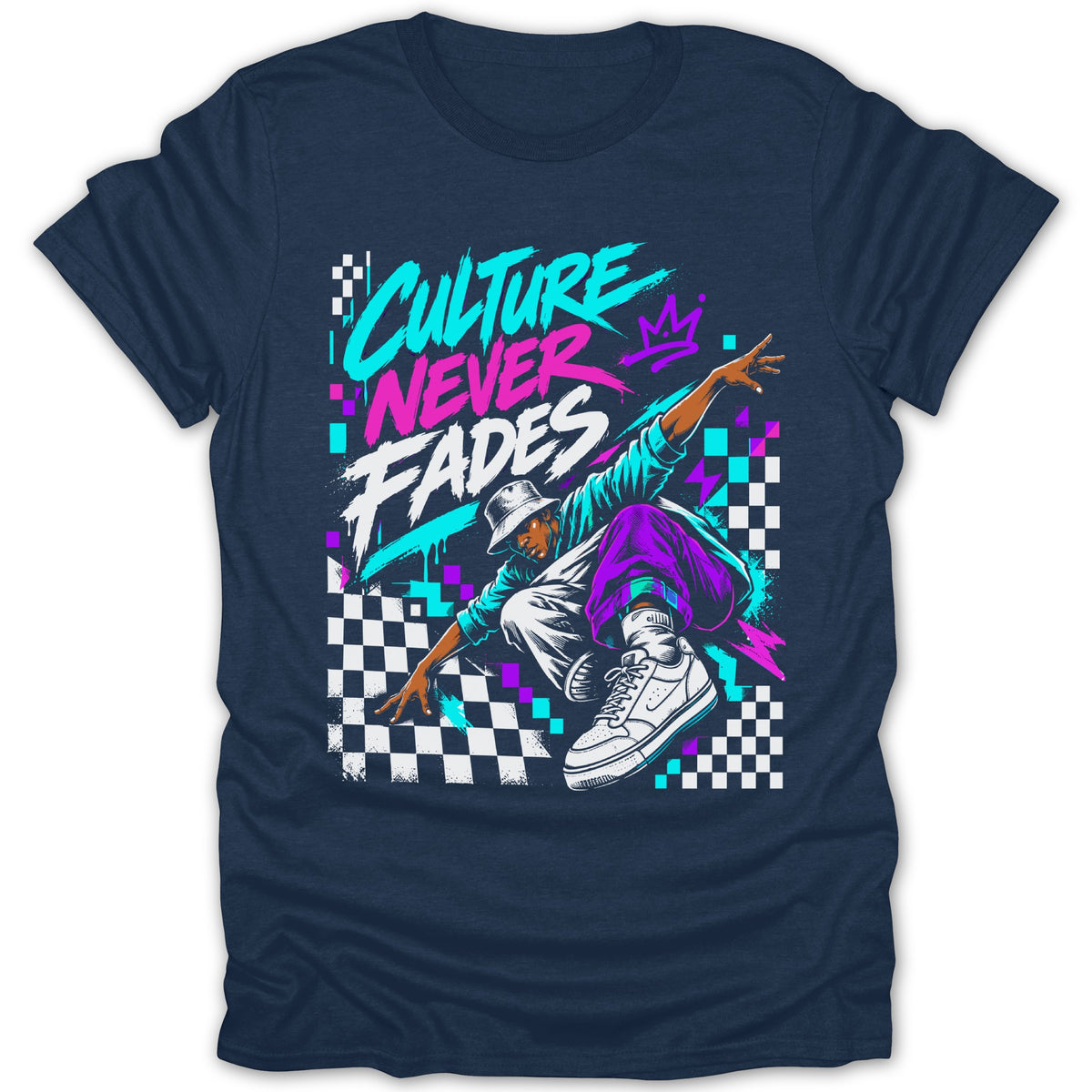 T-shirt graphic with graffiti art of a dancer and text "CULTURE NEVER FADES".