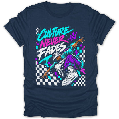 T-shirt graphic with graffiti art of a dancer and text "CULTURE NEVER FADES".