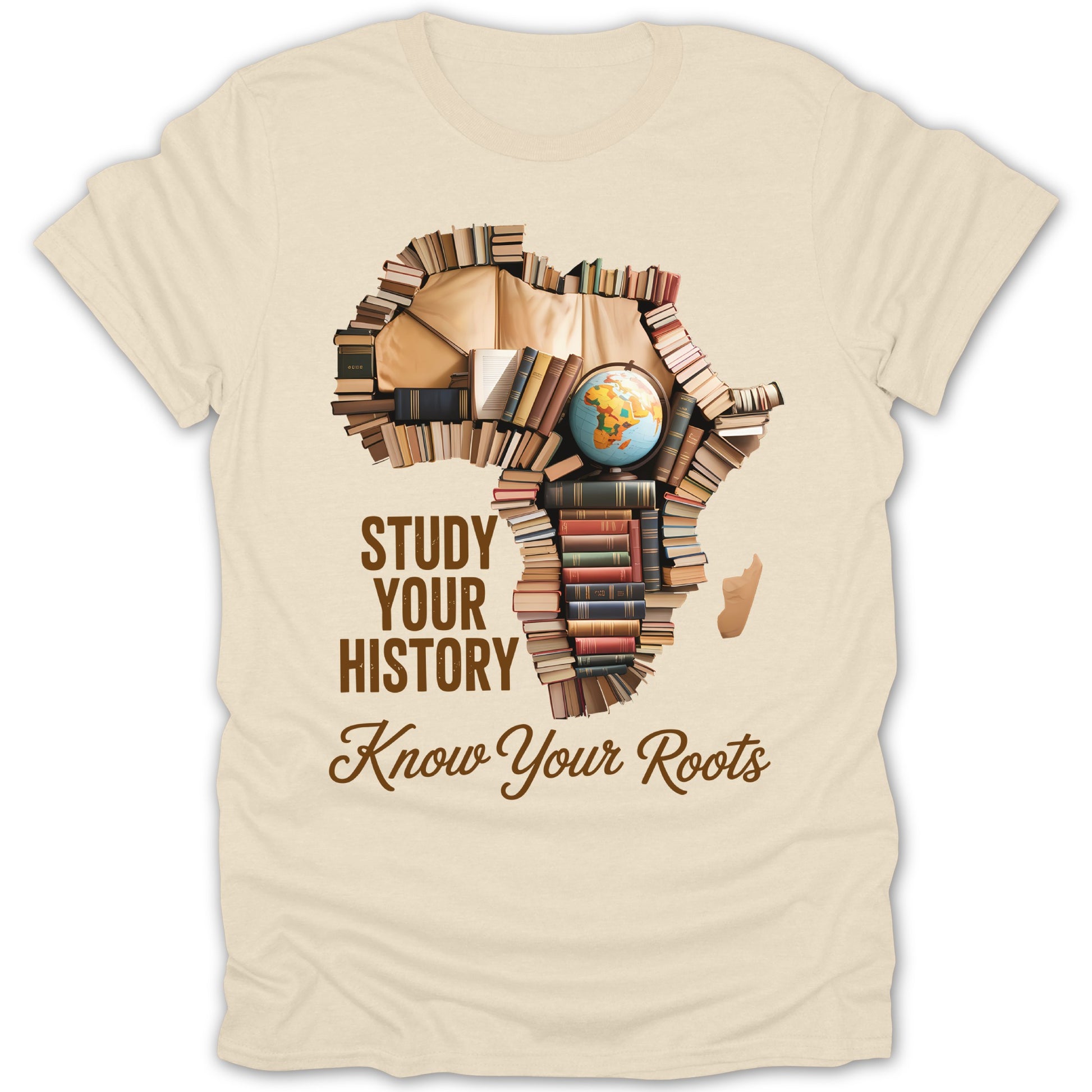 Africa outline made of books with globe, text "Study Your History Know Your Roots".