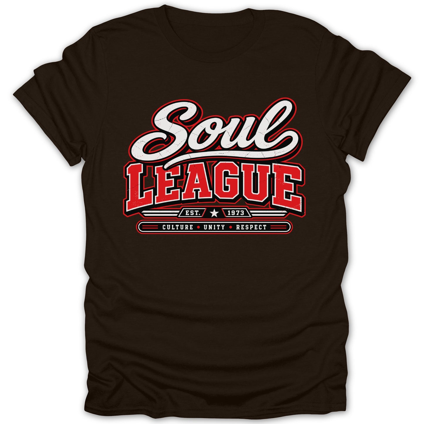 Brown t-shirt with "Soul League EST. 1973 Culture Unity Respect" graphic.