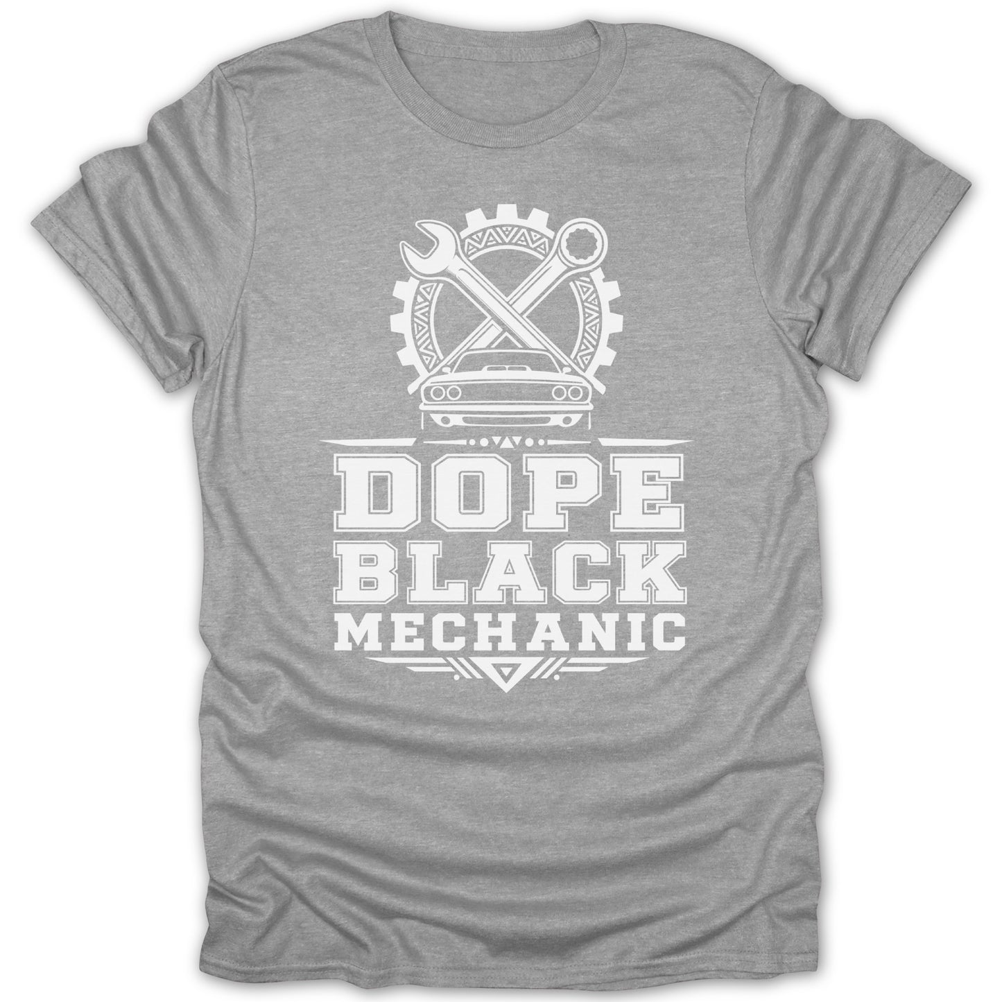 Grey t-shirt with white graphic reading "Dope Black Mechanic" and automotive symbols.