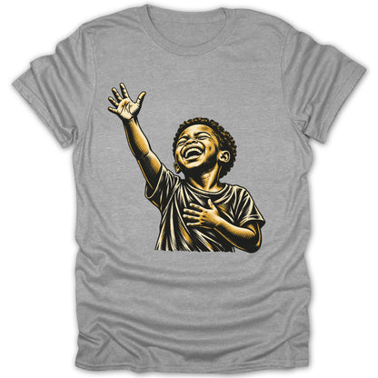 Illustration of a young Black boy laughing with his arm raised and hand on his chest.