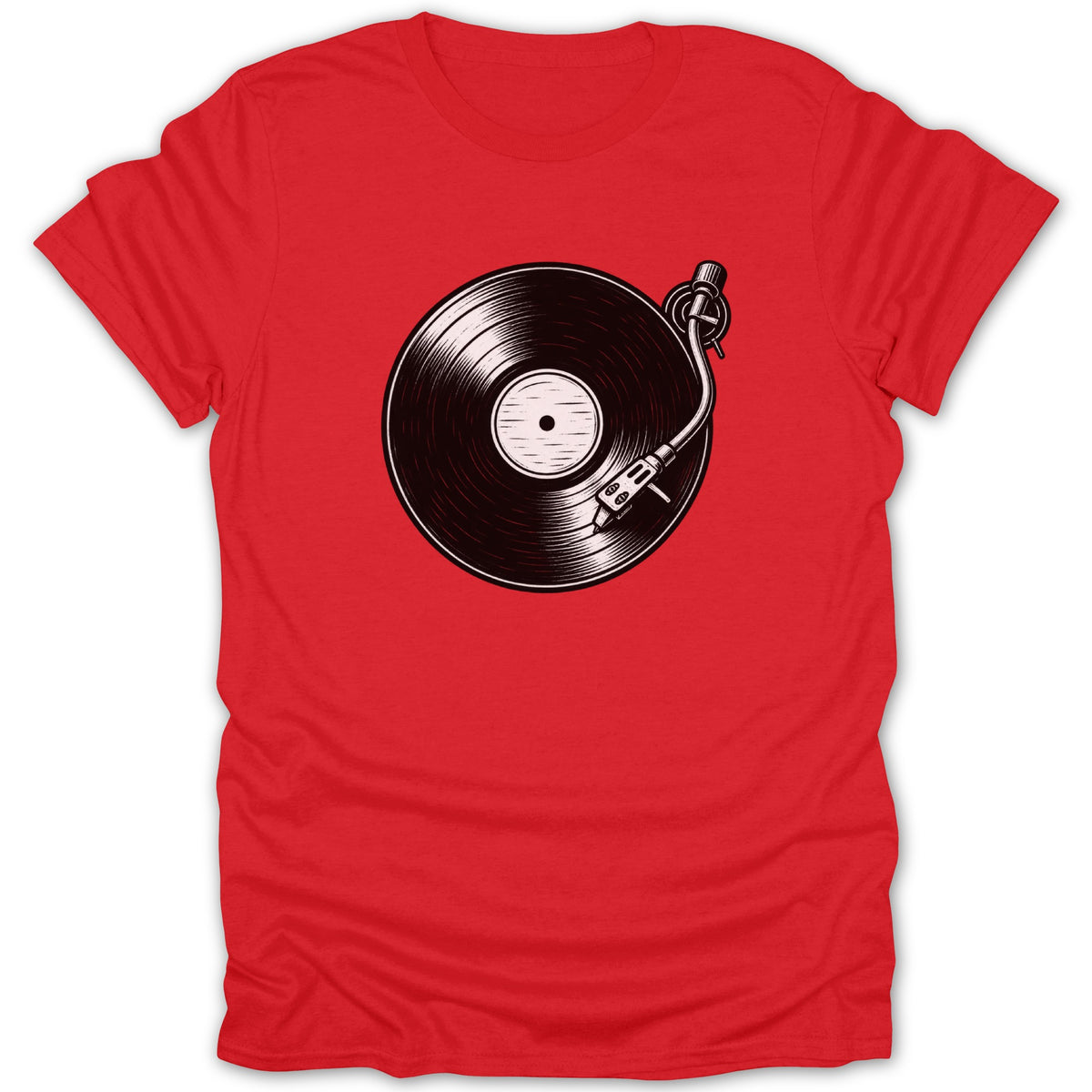 Red t-shirt featuring a black and white illustration of a vinyl record on a turntable.