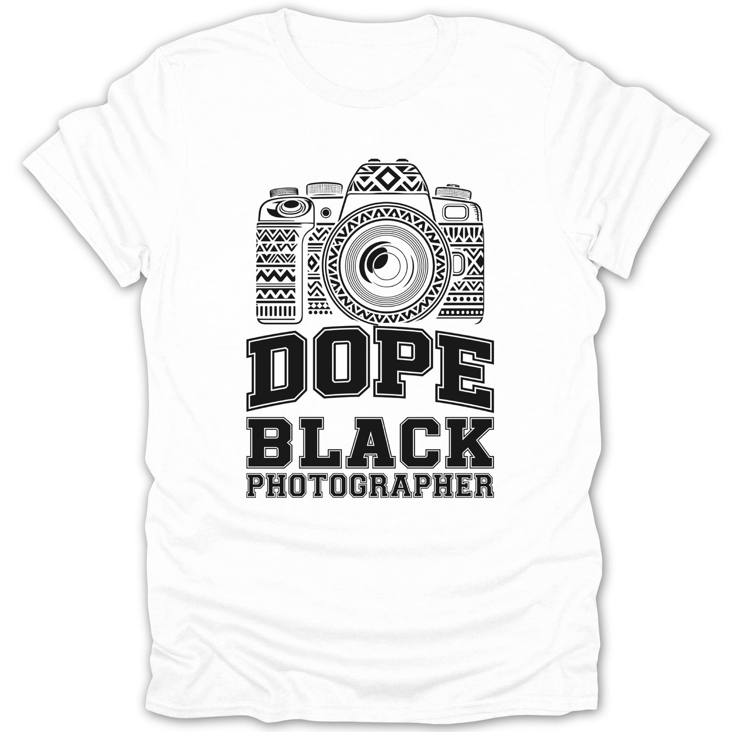 White t-shirt with a graphic of a camera and text reading "DOPE BLACK PHOTOGRAPHER".