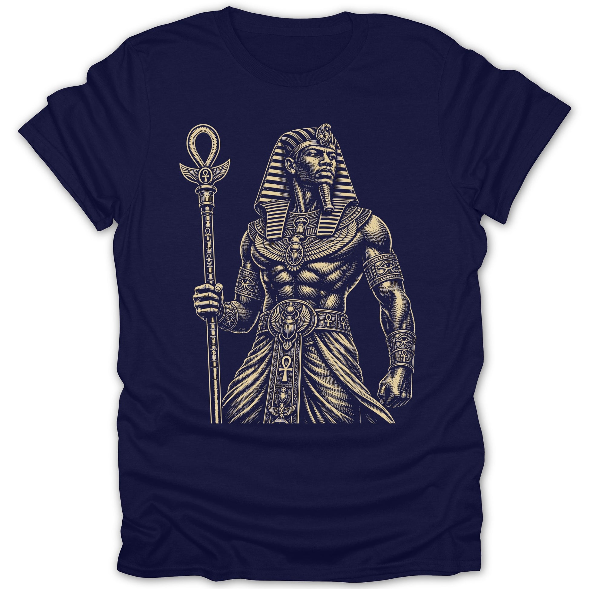 T-shirt with an ancient Egyptian pharaoh holding a staff with an ankh symbol.