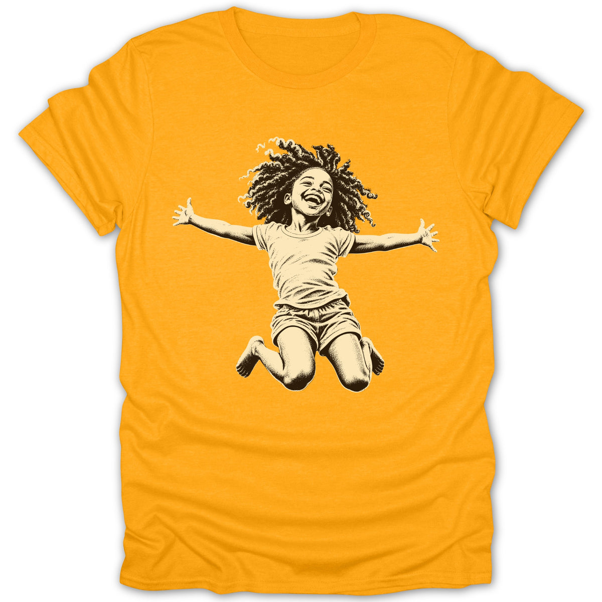 Illustration of a joyful child with curly hair jumping on a yellow t-shirt.