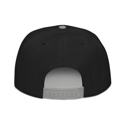 Black snapback hat with gray adjustable strap on white background.