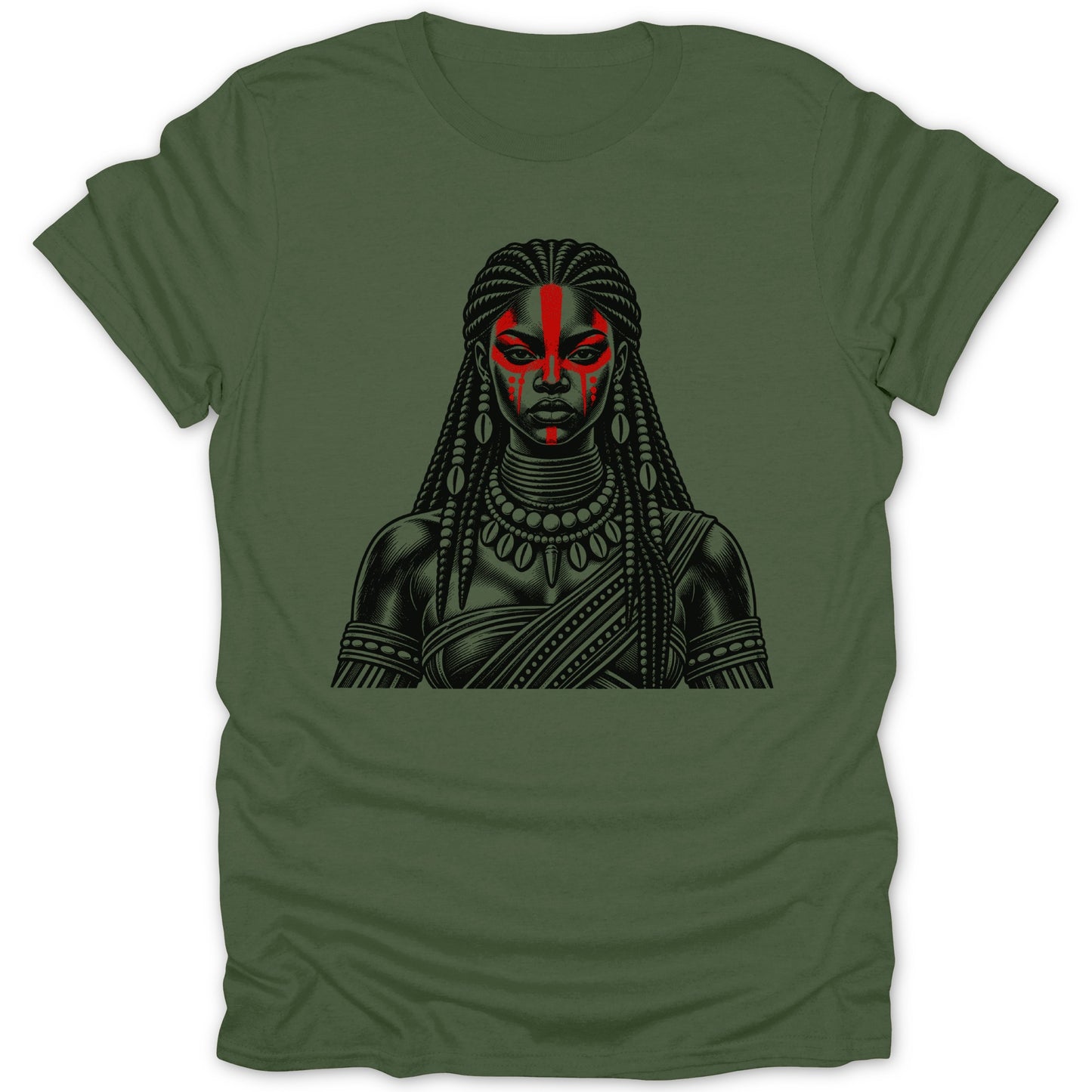 Black and red tribal warrior woman with braids and jewelry on a green t-shirt.