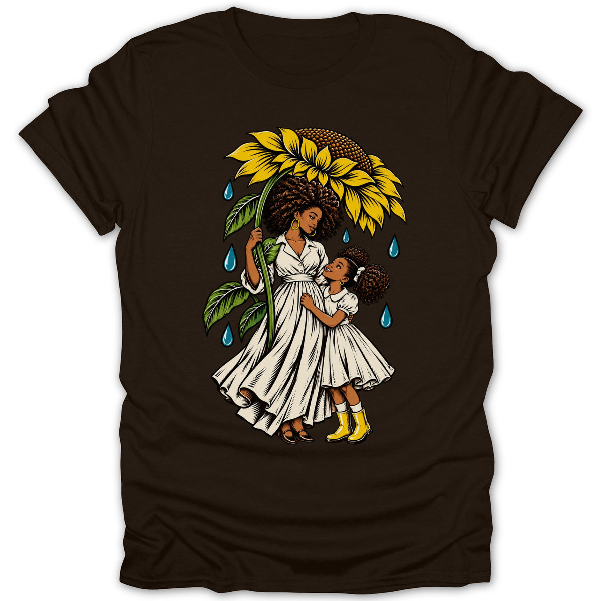 Mother and daughter embrace under a sunflower umbrella with falling raindrops.