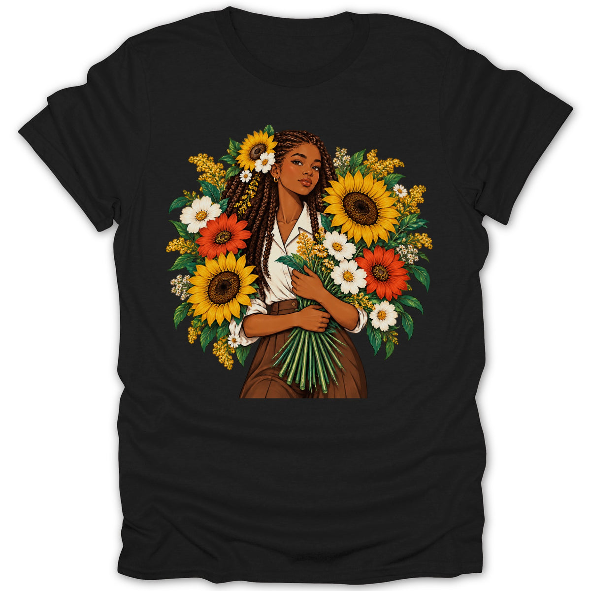 Woman with braided hair holding a bouquet of sunflowers and other flowers.