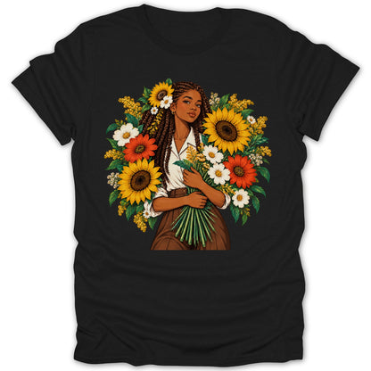 Woman with braided hair holding a bouquet of sunflowers and other flowers.