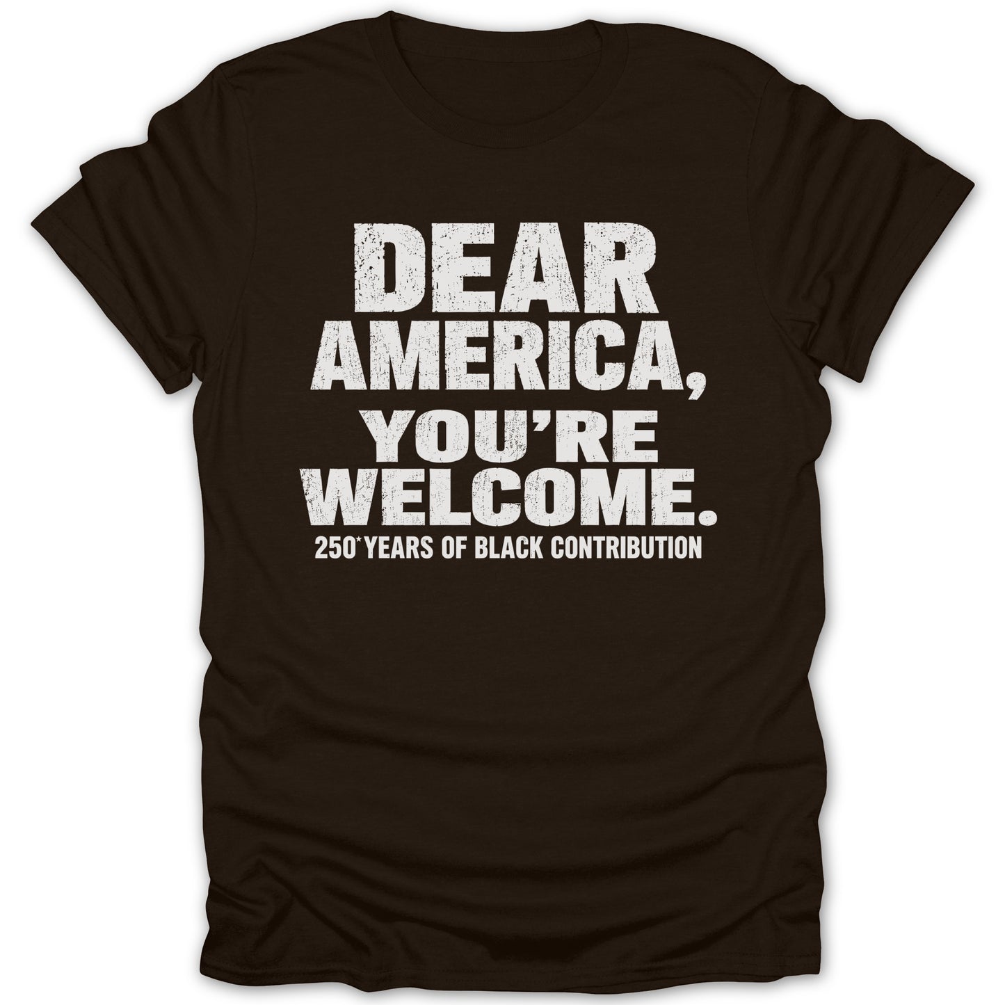 Black t-shirt with white text "Dear America, You're Welcome. 250 Years of Black Contribution."