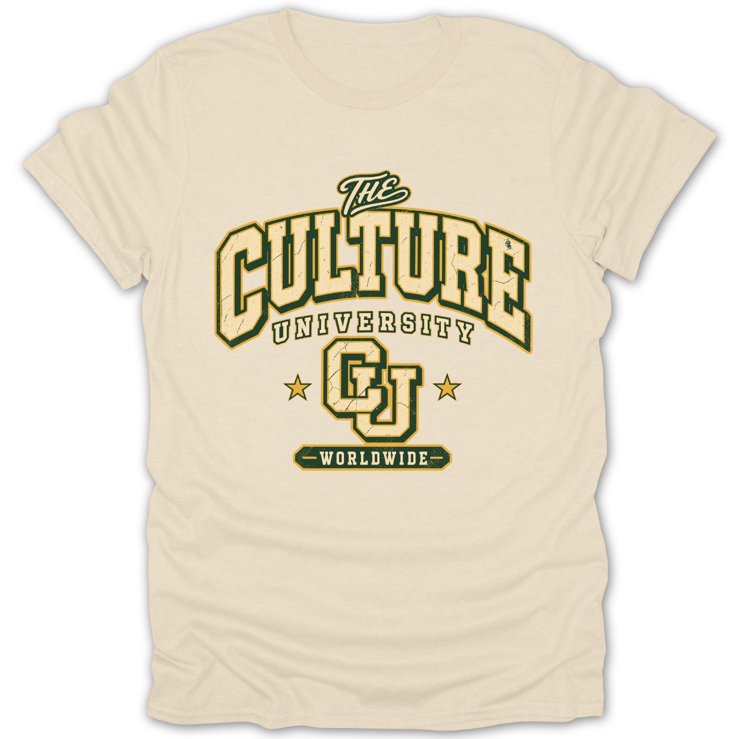 Light cream t-shirt with "The Culture University CU Worldwide" distressed graphic.