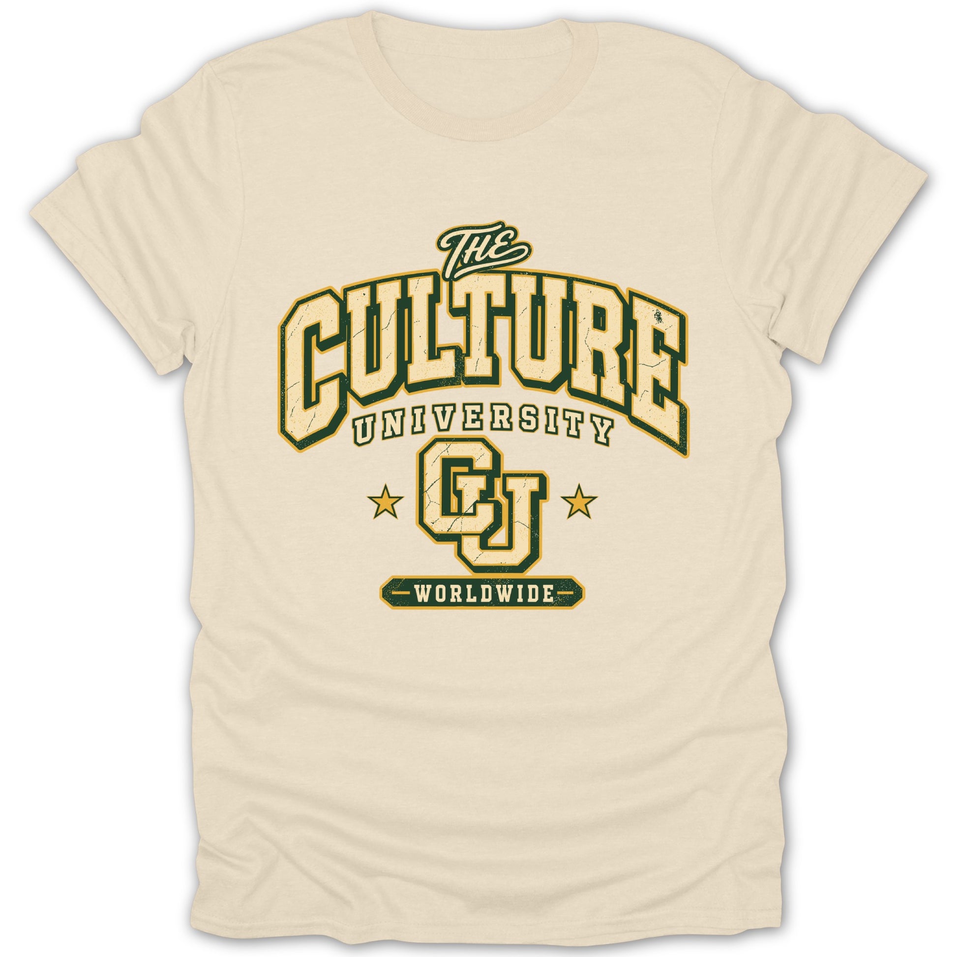 Light cream t-shirt with "The Culture University CU Worldwide" distressed graphic.