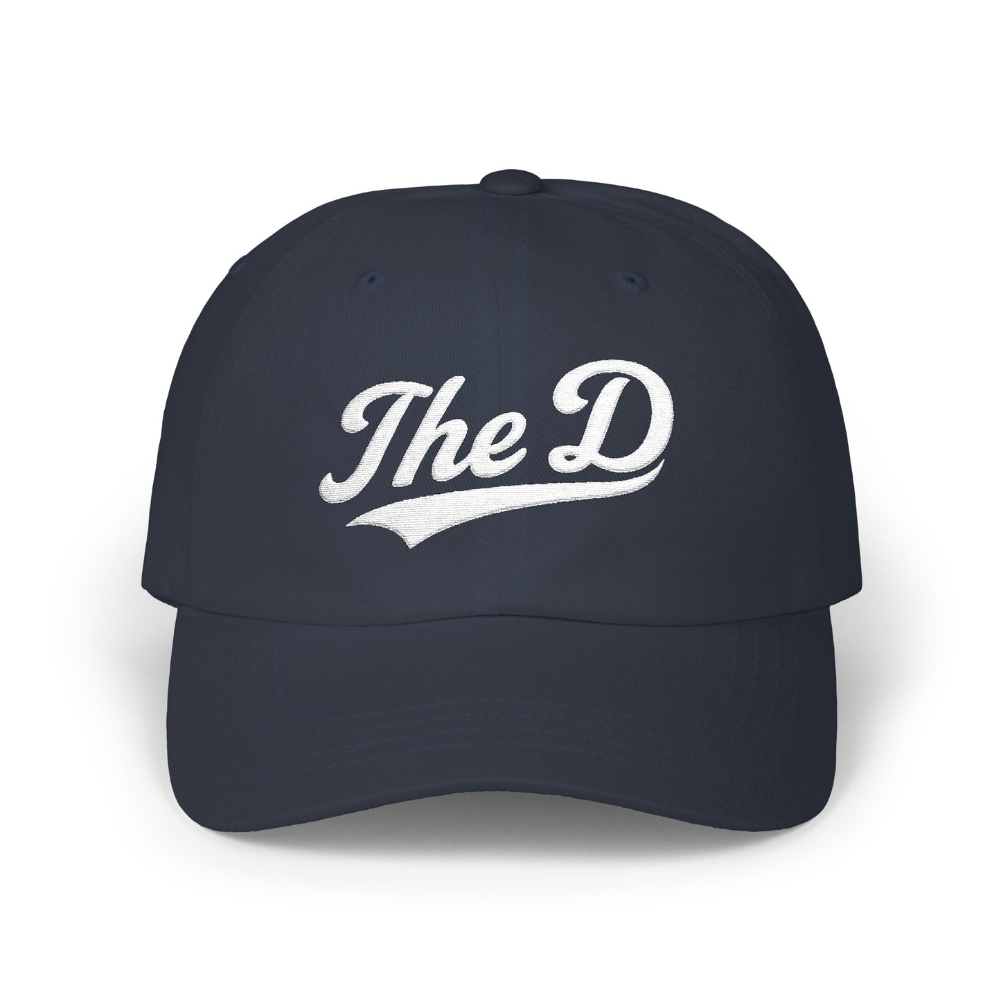 Navy blue baseball cap with "The D" embroidered in white script.