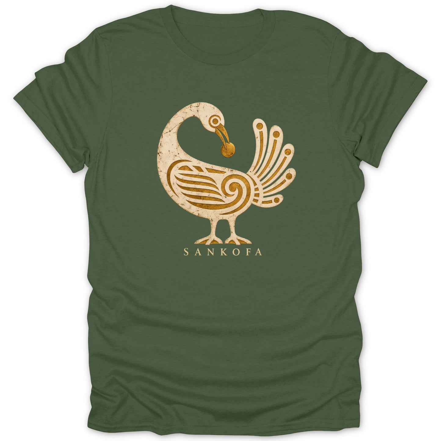 Green t-shirt with a distressed Sankofa bird graphic and text.