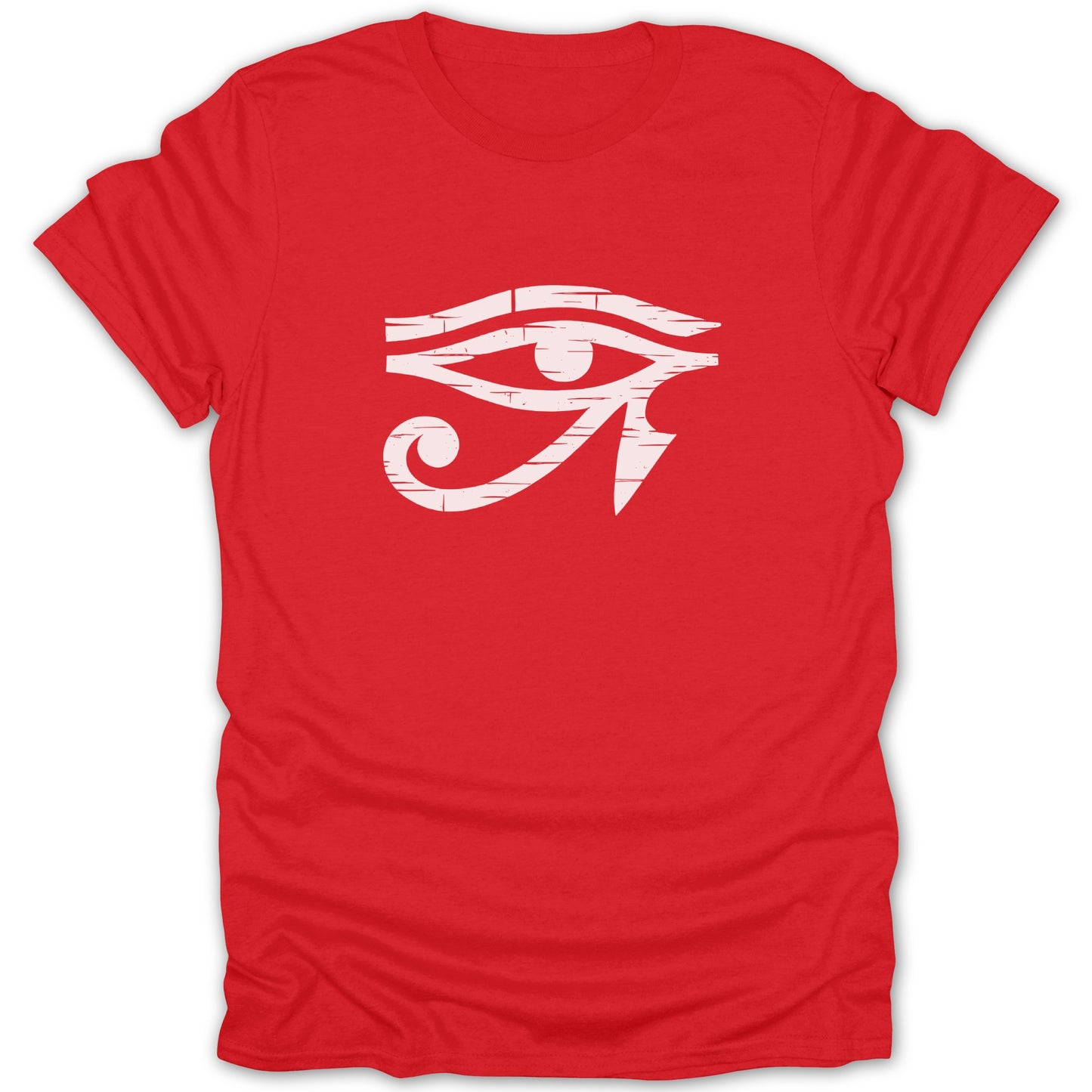 Red t-shirt with distressed white Egyptian Eye of Horus graphic.