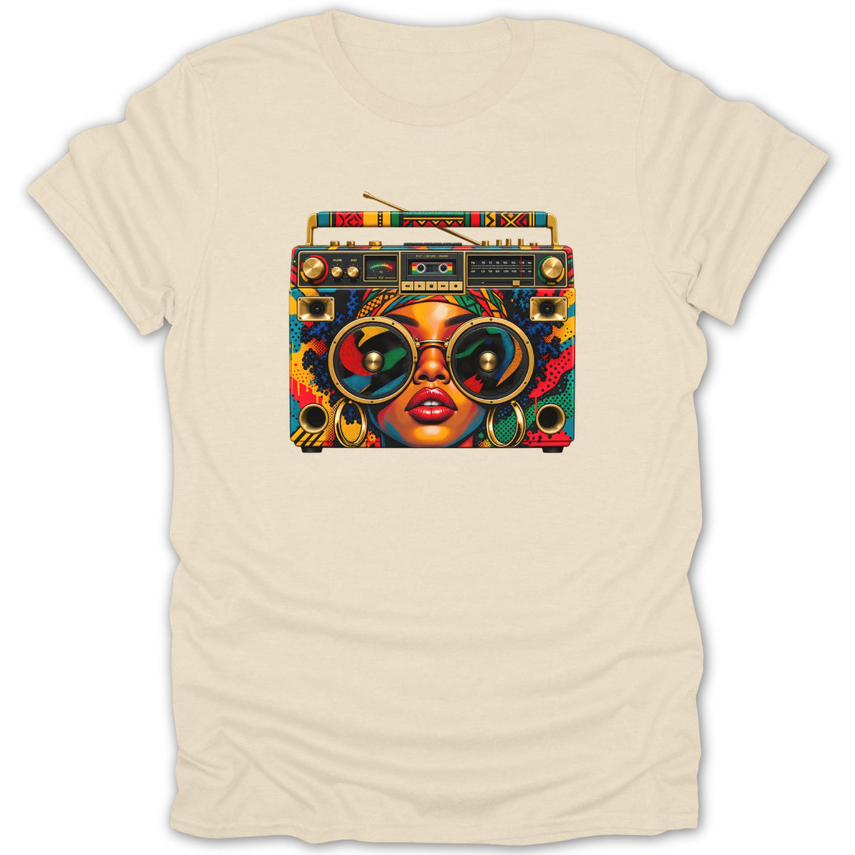 Colorful graphic of woman's face superimposed on a retro boombox.