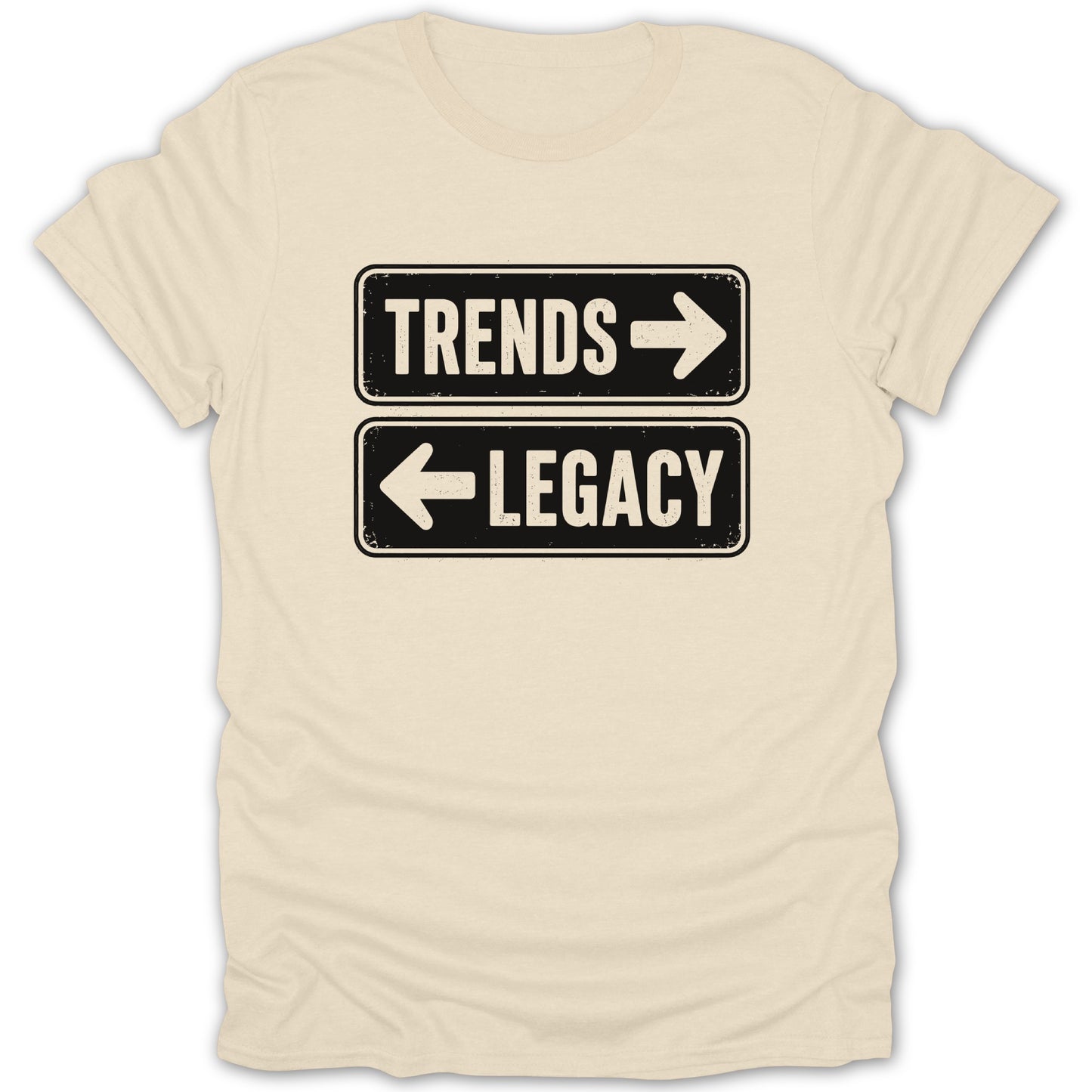 T-shirt with black rectangles, one labeled "TRENDS" with an arrow right, one "LEGACY" with an arrow left.