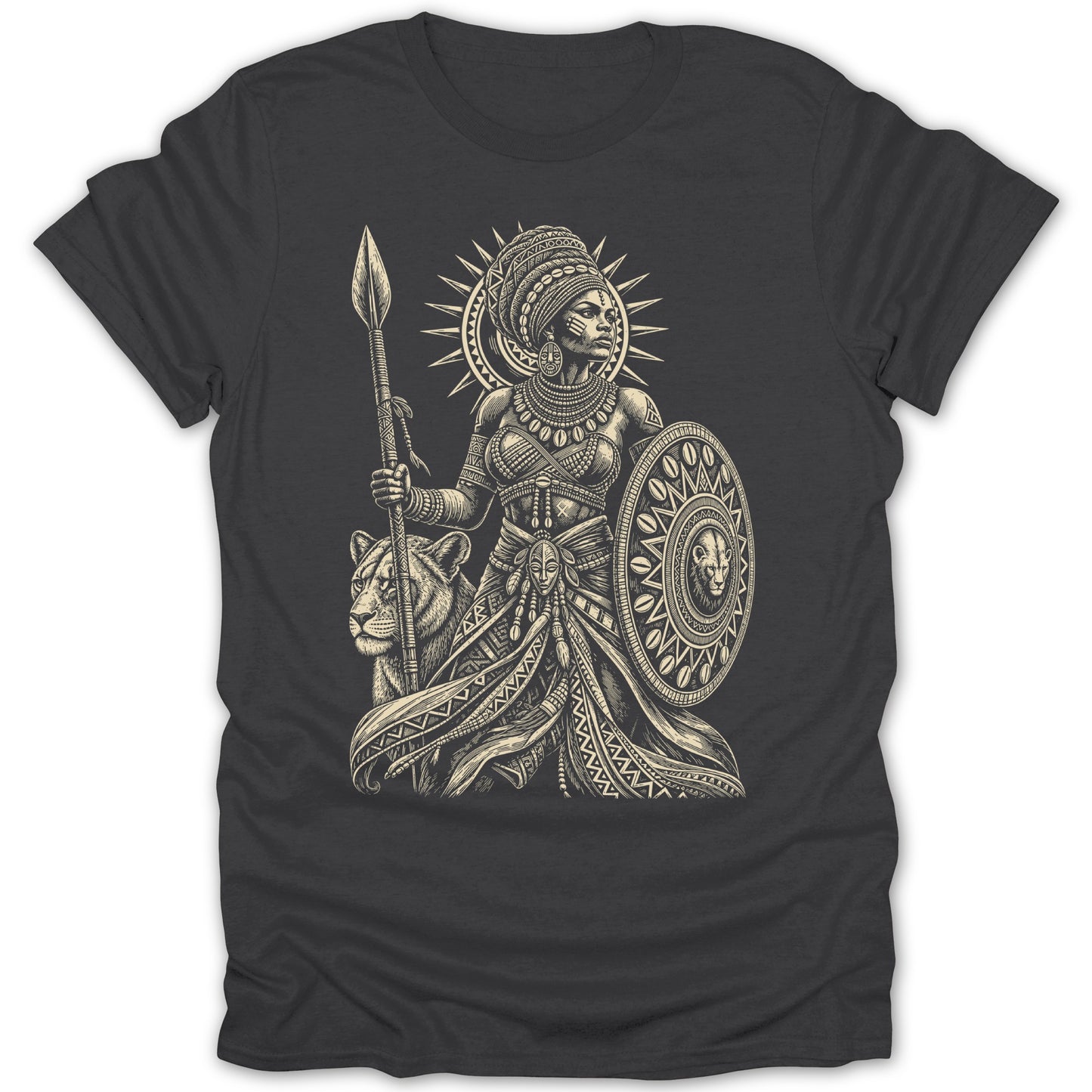 Detailed illustration of a warrior woman with a lion and spear on a dark t-shirt.