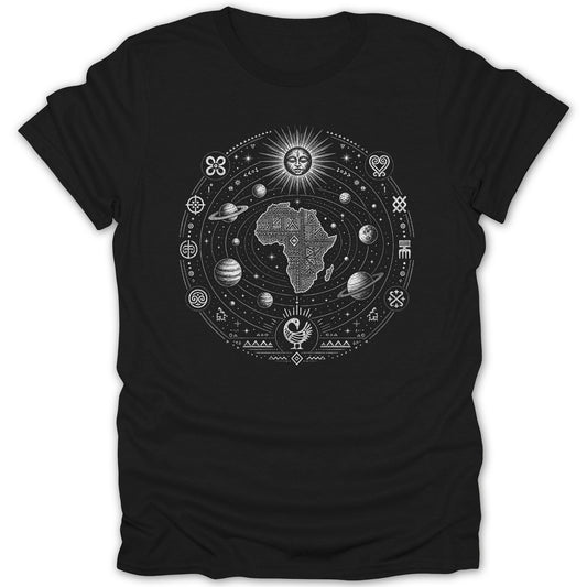 Black t-shirt with white graphic of Africa surrounded by planets and symbols.
