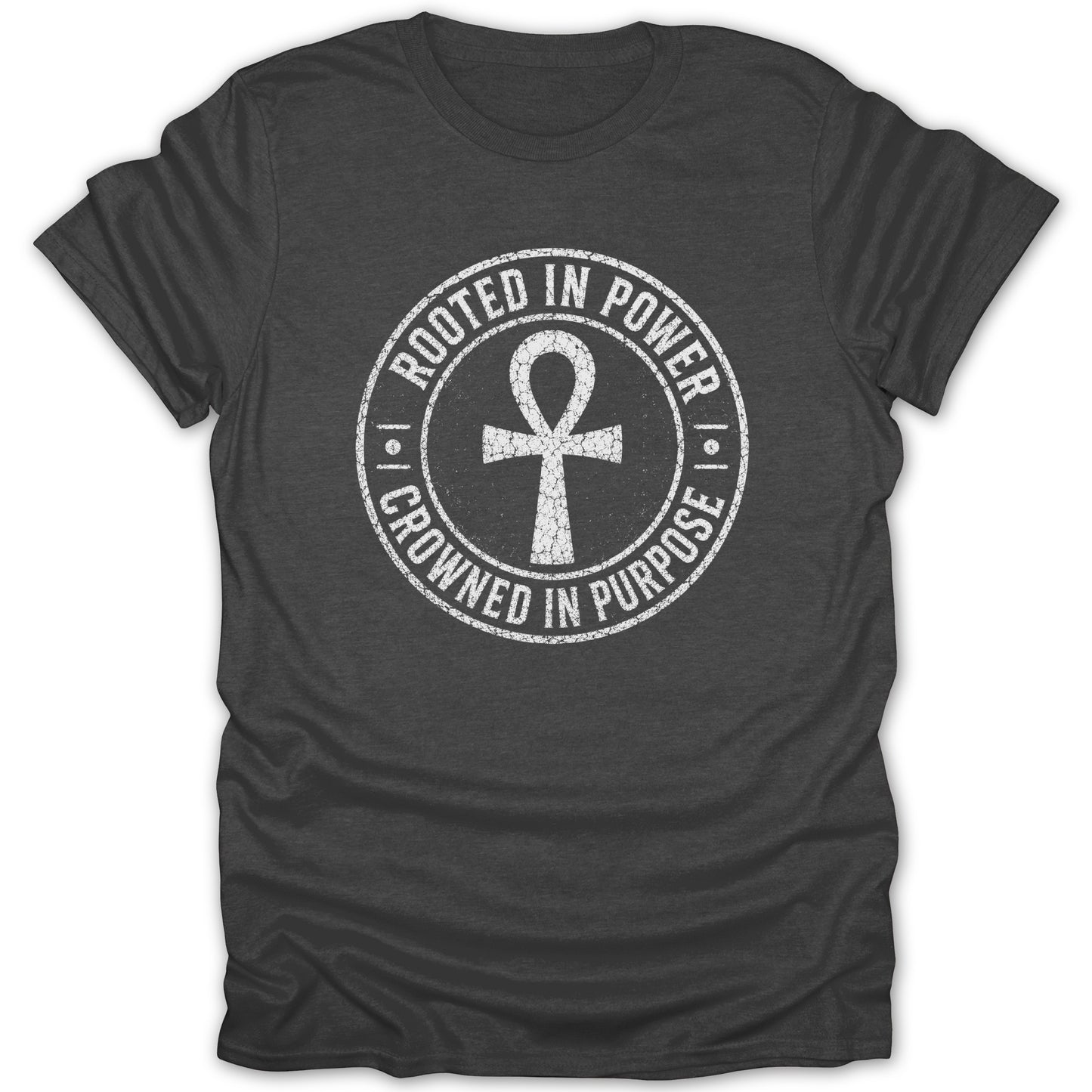 Dark grey t-shirt with a white circular graphic featuring an ankh and text.
