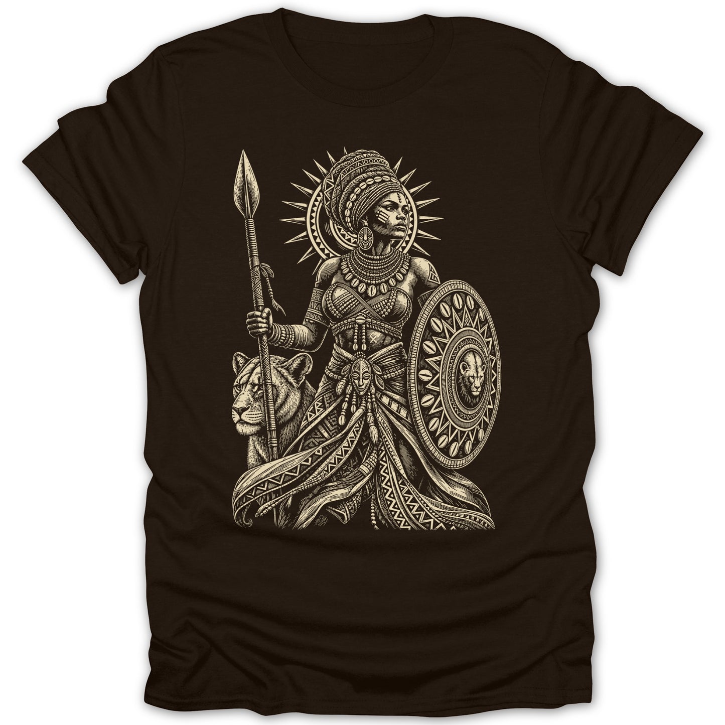 T-shirt with a tribal warrior woman, spear, shield, and lion illustration.