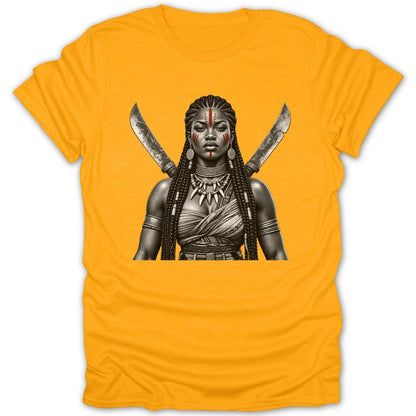 Yellow t-shirt with a black and white illustration of a woman with braided hair and face paint holding swords.