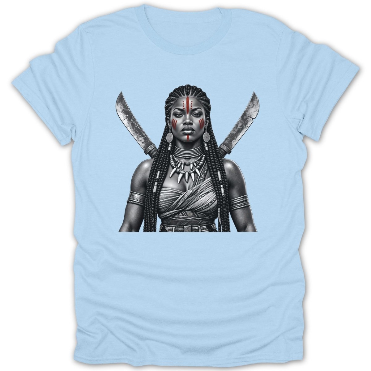 Warrior woman with crossed swords and red face paint on light blue t-shirt.