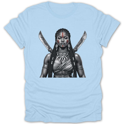 Warrior woman with crossed swords and red face paint on light blue t-shirt.