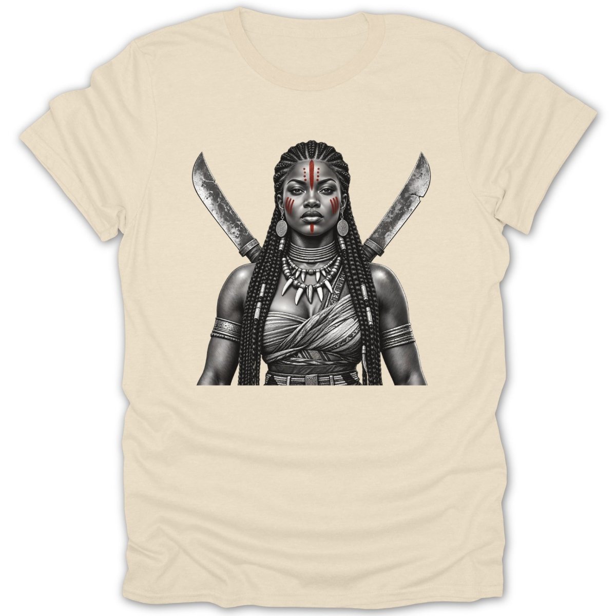 Black and white graphic of a warrior woman with red face paint and crossed swords.