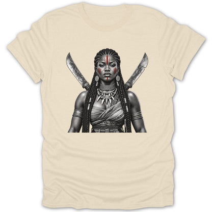 Black and white graphic of a warrior woman with red face paint and crossed swords.