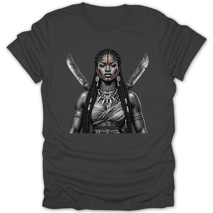 Warrior woman with face paint, braided hair, and crossed swords on a dark t-shirt.