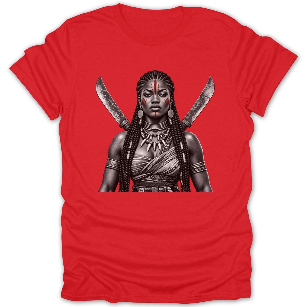 Red t-shirt with graphic of a warrior woman with crossed swords.