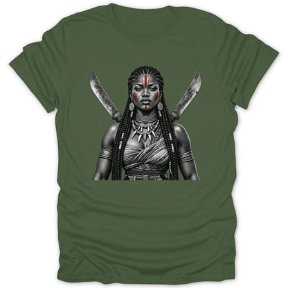 Warrior woman with face paint and crossed knives on olive green t-shirt.