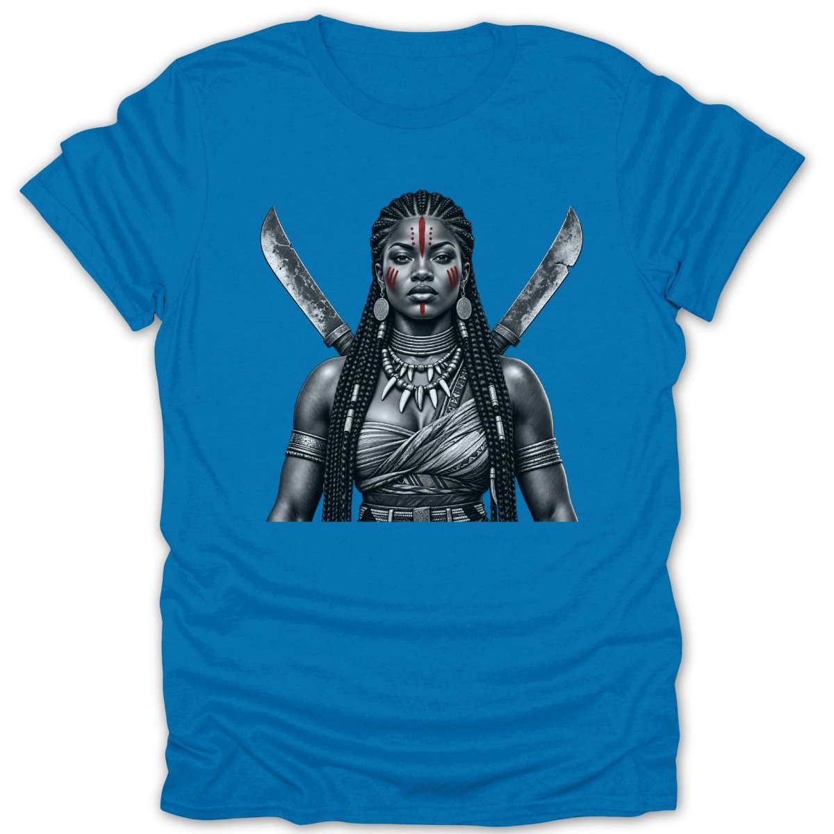 Black and white warrior woman with red face paint and crossed swords.