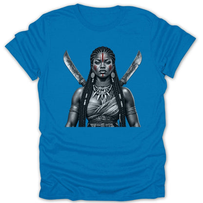 Black and white warrior woman with red face paint and crossed swords.