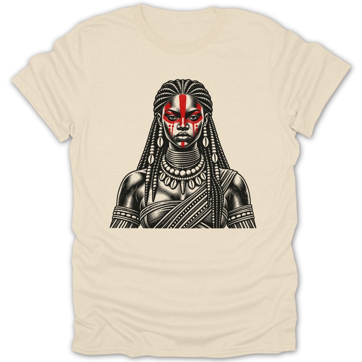 Black and white illustration of a woman with braids and red face paint.