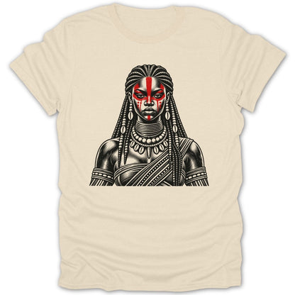 Black and white illustration of a woman with braids and red face paint.