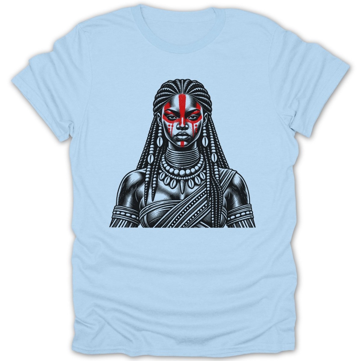 T-shirt with black and white illustration of woman with red face markings and braids.