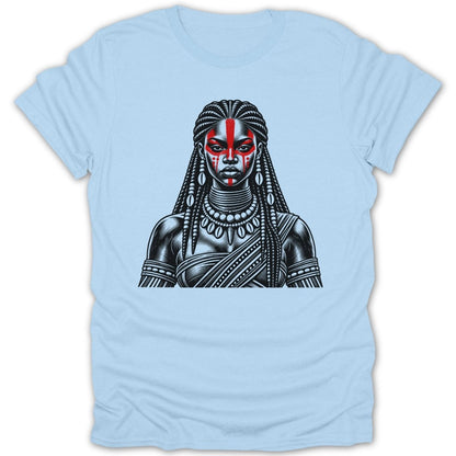 T-shirt with black and white illustration of woman with red face markings and braids.