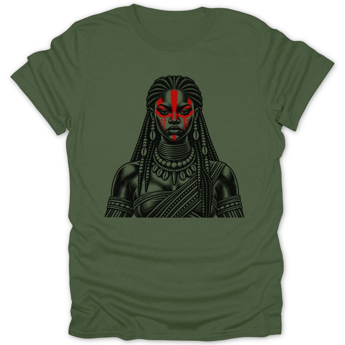 Black and red tribal warrior woman with braids and jewelry on a green t-shirt.