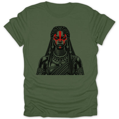 Black and red tribal warrior woman with braids and jewelry on a green t-shirt.