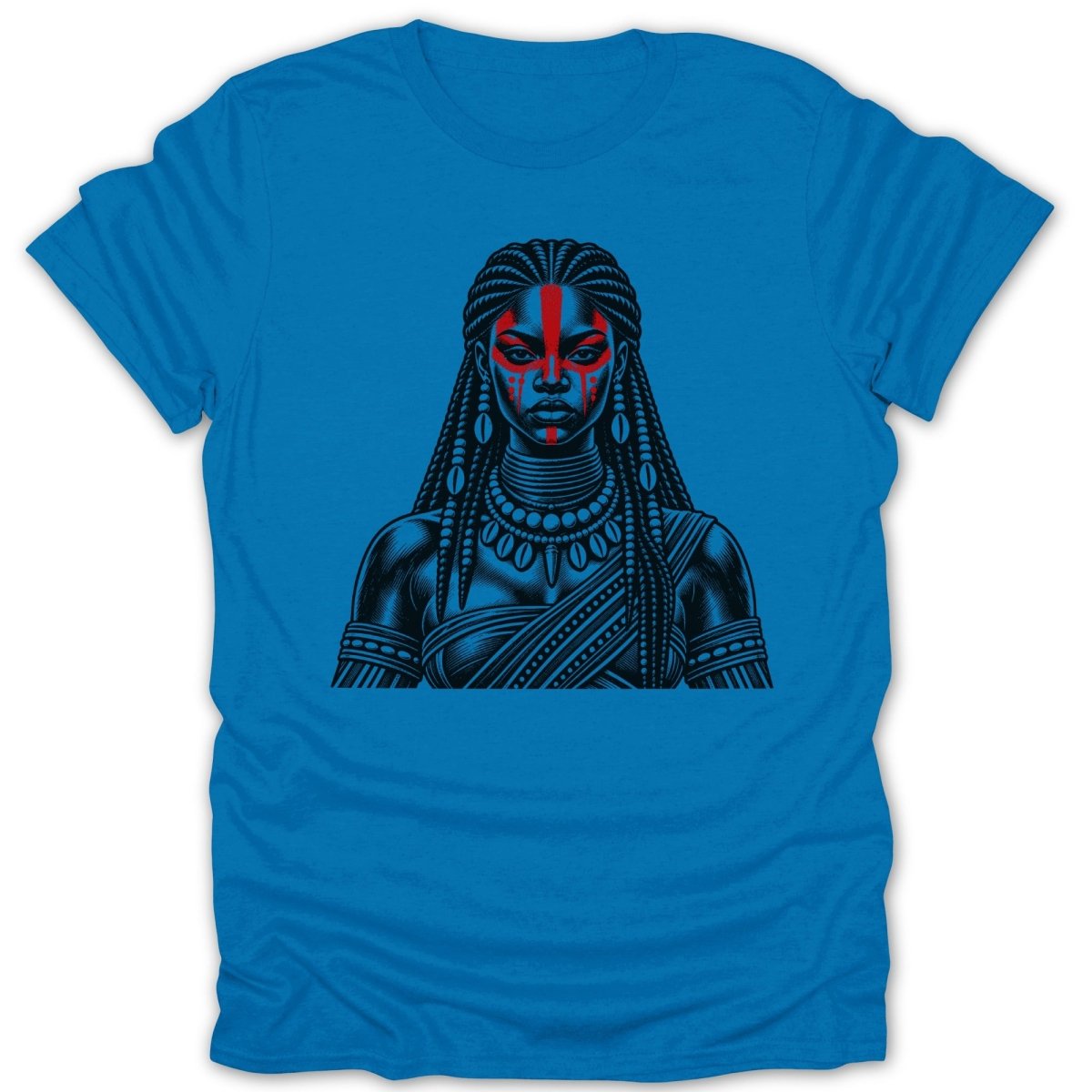 Blue t-shirt with black and red illustration of a woman with intricate braids and face paint.