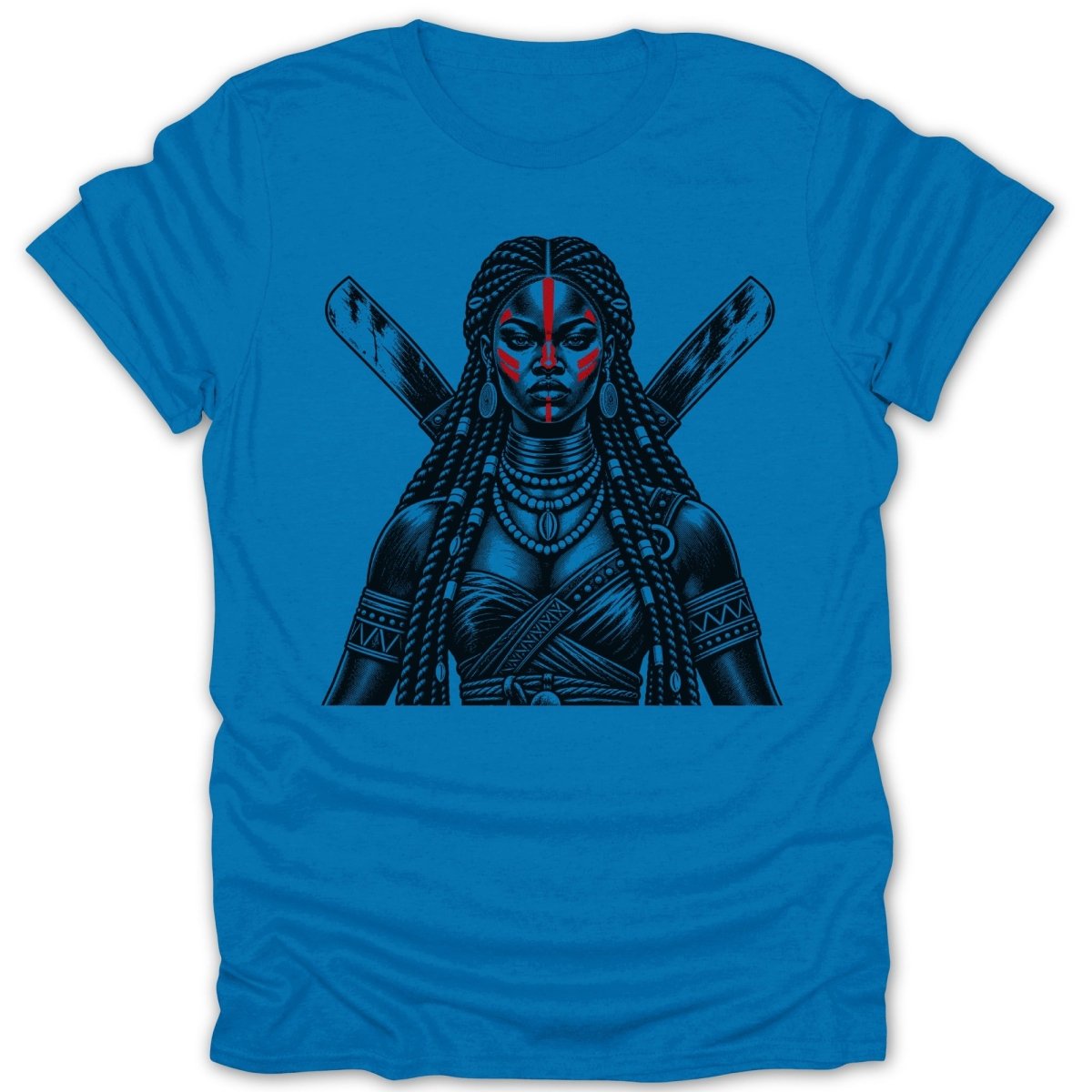 Illustration of a warrior woman with braids, red face paint, and crossed weapons.