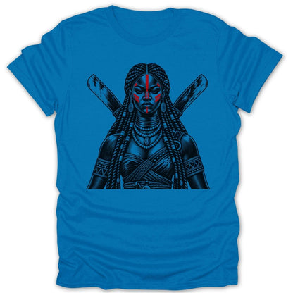 Illustration of a warrior woman with braids, red face paint, and crossed weapons.