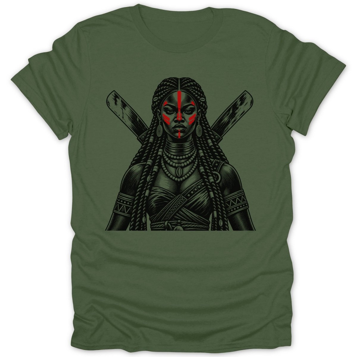 T-shirt with illustration of a warrior woman with red face paint and crossed weapons.
